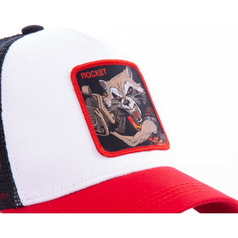 cappellino-trucker-bianco-nero-e-rosso-rocket-raccoon-roc2-marvel-comics-di-capslab