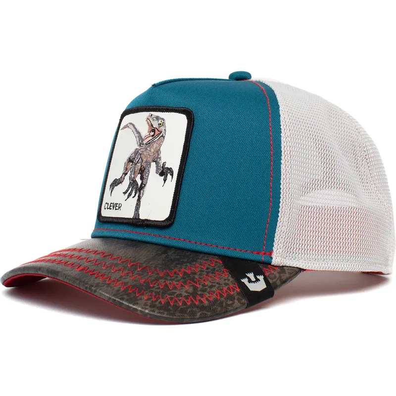 cappellino-trucker-blu-bianco-e-nero-dinosauro-velociraptor-clever-swift-robber-the-farm-di-goorin-bros