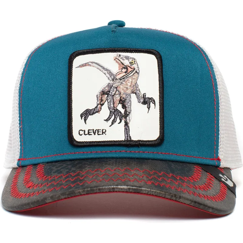 cappellino-trucker-blu-bianco-e-nero-dinosauro-velociraptor-clever-swift-robber-the-farm-di-goorin-bros