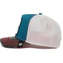 cappellino-trucker-blu-bianco-e-nero-dinosauro-velociraptor-clever-swift-robber-the-farm-di-goorin-bros