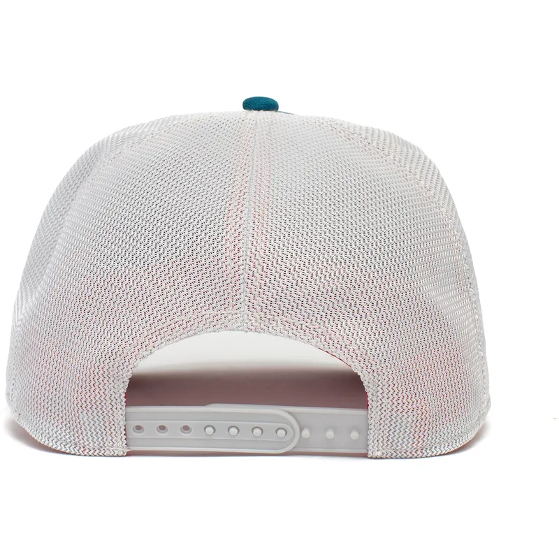 cappellino-trucker-blu-bianco-e-nero-dinosauro-velociraptor-clever-swift-robber-the-farm-di-goorin-bros