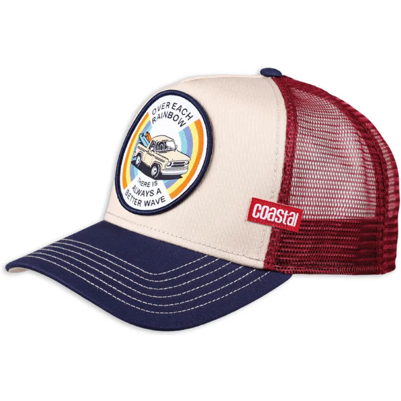 cappellino-trucker-beige-rosso-e-blu-marino-over-each-rainbow-there-is-always-a-better-wave-hft-di-coastal