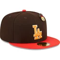 cappello-piatto-marrone-e-rosso-aderente-59fifty-the-elements-fire-pin-dei-los-angeles-dodgers-mlb-di-new-era