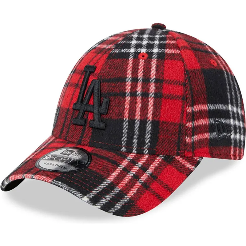 cappelli-curva-rosso-cinghia-regolabile-negro-9forty-check-dei-los-angeles-dodgers-mlb-di-new-era
