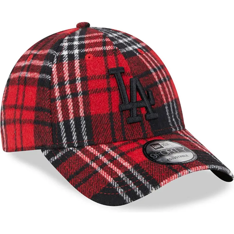 cappelli-curva-rosso-cinghia-regolabile-negro-9forty-check-dei-los-angeles-dodgers-mlb-di-new-era