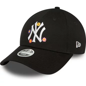 New Era Curved Brim Women 9FORTY Flower New York Yankees MLB Black Adjustable Cap
