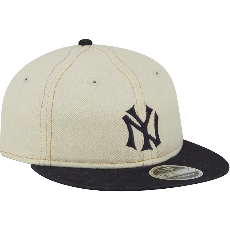 cappello-piatto-beige-e-blu-marino-regolabile-9fifty-retro-crown-denim-dei-new-york-yankees-mlb-di-new-era