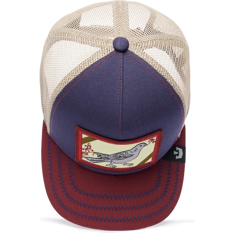 cappello-trucker-blu-navy-beige-e-rosso-uccello-ye-olde-birdie-the-farm-retro-classic-di-goorin-bros