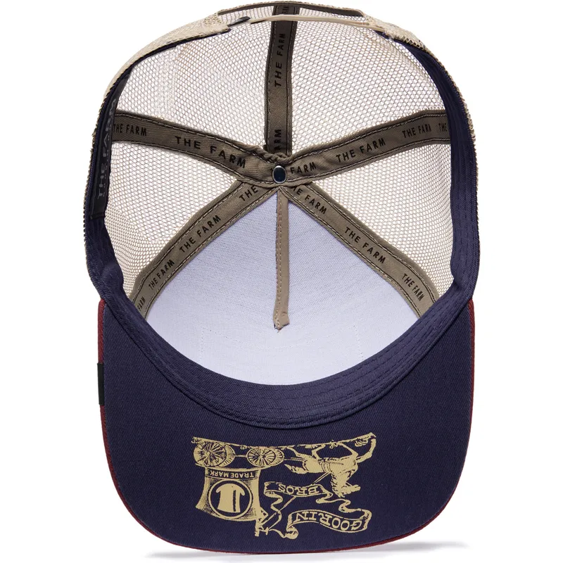 cappello-trucker-blu-navy-beige-e-rosso-uccello-ye-olde-birdie-the-farm-retro-classic-di-goorin-bros
