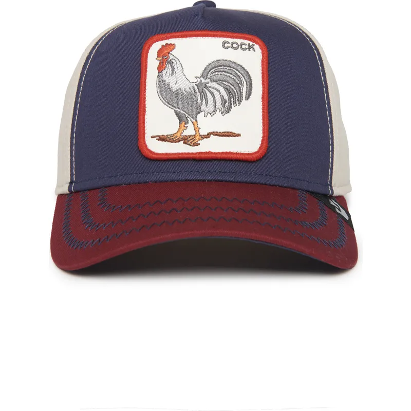 cappellino-curvo-blu-marino-beige-e-rosso-snapback-gallo-cock-all-american-rooster-100-the-farm-all-over-canvas-di-goorin-bros