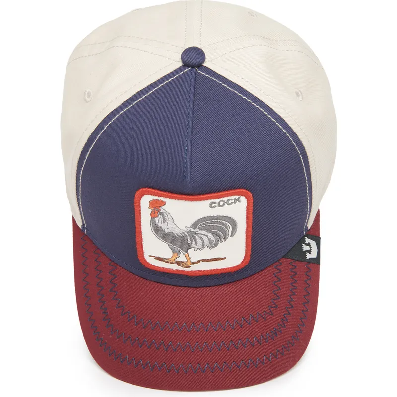 cappellino-curvo-blu-marino-beige-e-rosso-snapback-gallo-cock-all-american-rooster-100-the-farm-all-over-canvas-di-goorin-bros