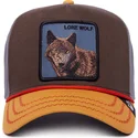 cappello-snapback-curvo-marrone-grigio-e-arancione-con-lupo-lone-wolf-100-the-farm-all-over-canvas-di-goorin-bros