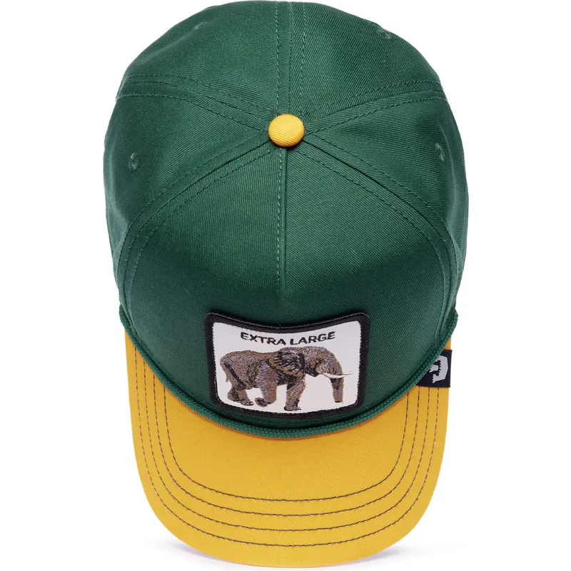 cappellino-visiera-curva-verde-e-giallo-snapback-elefante-extra-large-100-the-farm-all-over-canvas-di-goorin-bros