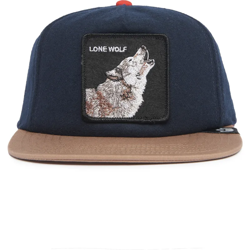 berretto-piatto-blu-marino-e-marrone-snapback-lupo-lone-wolf-one-pack-the-farm-flats-di-goorin-bros
