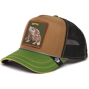 Gorra da camionista marrone, nera e verde rana Battle Rash, Zits e Pimple Insert Coin Vol.2 The Farm di Goorin Bros.