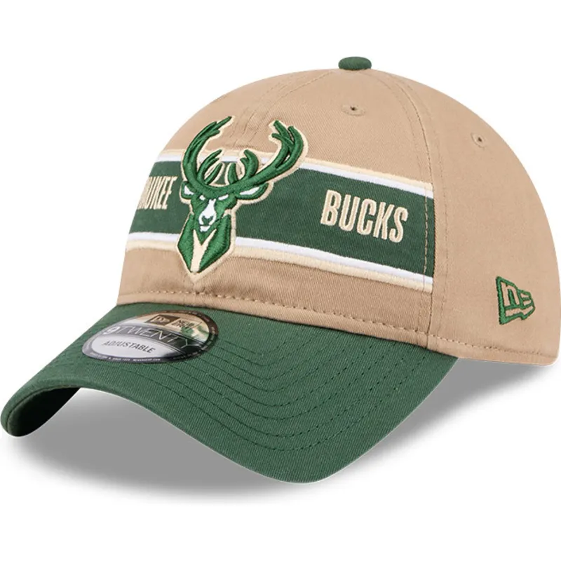 cappellino-curvo-marrone-e-verde-regolabile-9twenty-draft-2024-di-milwaukee-bucks-nba-di-new-era