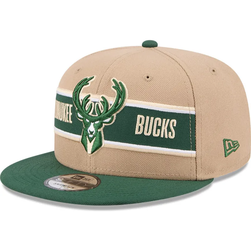 cappello-piatto-marrone-e-verde-snapback-9fifty-draft-2024-di-milwaukee-bucks-nba-di-new-era