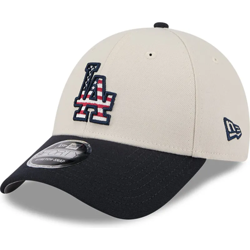 cappellino-curvo-beige-e-blu-marino-snapback-9forty-stretch-snap-4th-of-july-di-los-angeles-dodgers-mlb-di-new-era
