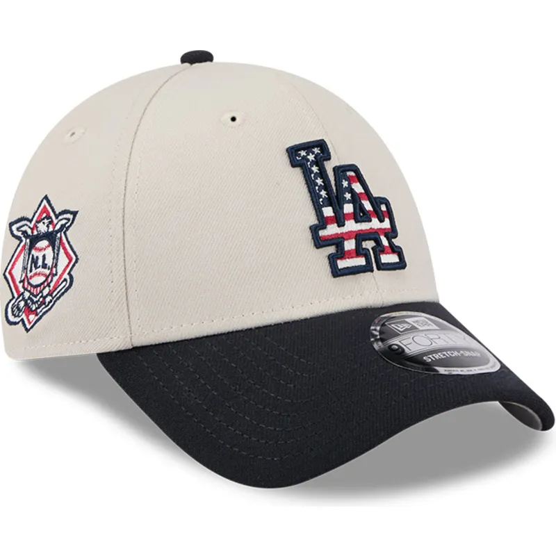 cappellino-curvo-beige-e-blu-marino-snapback-9forty-stretch-snap-4th-of-july-di-los-angeles-dodgers-mlb-di-new-era