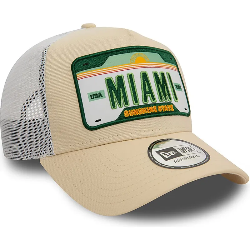 cappelli-curva-beige-snapback-a-frame-license-plate-dei-miami-ciudades-y-playas-di-new-era