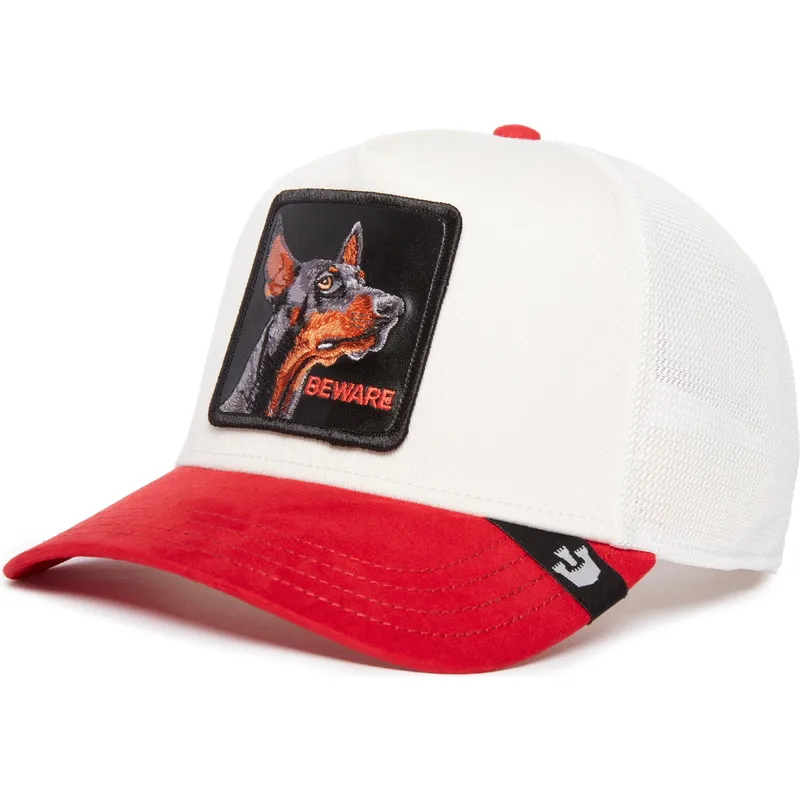 cappellino-trucker-bianco-e-rosso-cane-dobermann-beware-the-suede-doberman-the-farm-di-goorin-bros