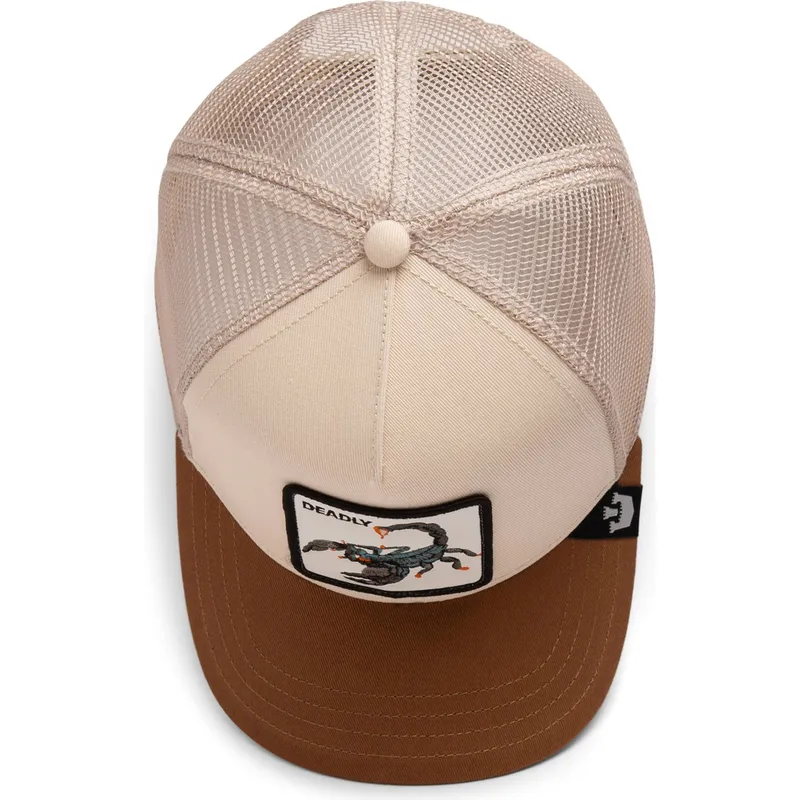 cappellino-trucker-beige-e-marrone-scorpione-deadly-the-deadliest-scorpion-eco-brutalism-the-farm-di-goorin-bros