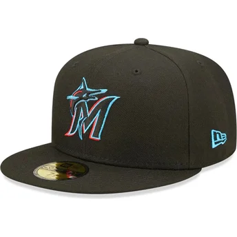 Cappello piatto nero aderente 59FIFTY AC Perf dei Miami Marlins MLB di New Era