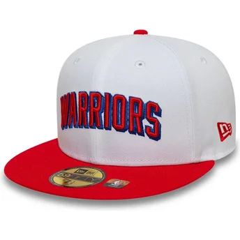 Cappellino piatto bianco e rosso aderente 59FIFTY Classic dei Golden State Warriors NBA di New Era