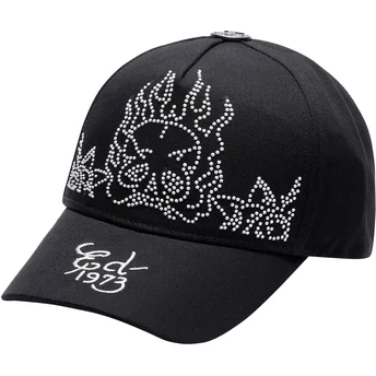 Cappellino nero regolabile con visiera curva Flaming Skull di Ed Hardy