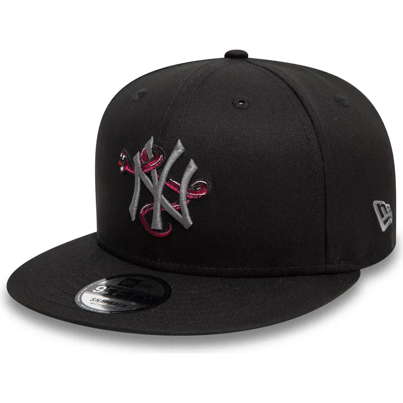 cappello-piatto-nero-snapback-con-logo-grigio-9fifty-icon-dei-new-york-yankees-mlb-snake-di-new-era
