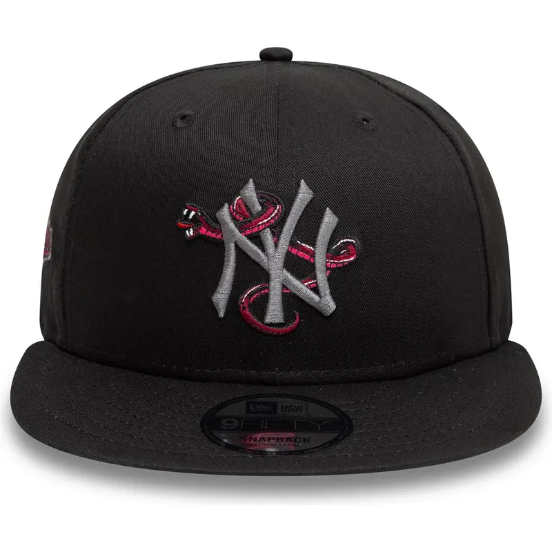 cappello-piatto-nero-snapback-con-logo-grigio-9fifty-icon-dei-new-york-yankees-mlb-snake-di-new-era