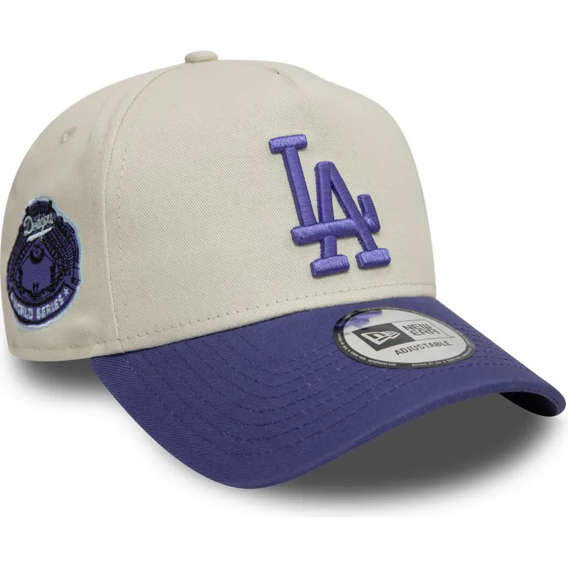 cappellino-curvo-beige-e-viola-snapback-con-logo-viola-9forty-a-frame-world-series-patch-di-los-angeles-dodgers-mlb-di-new-era