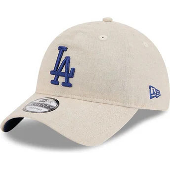 New Era Curved Brim Blue Logo 9TWENTY Linen Spring Training Fan Pack 2025 Los Angeles Dodgers MLB Beige Adjustable Cap