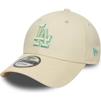 Cappellino curvo beige regolabile con logo verde 9FORTY Team Outline dei Los Angeles Dodgers MLB di New Era