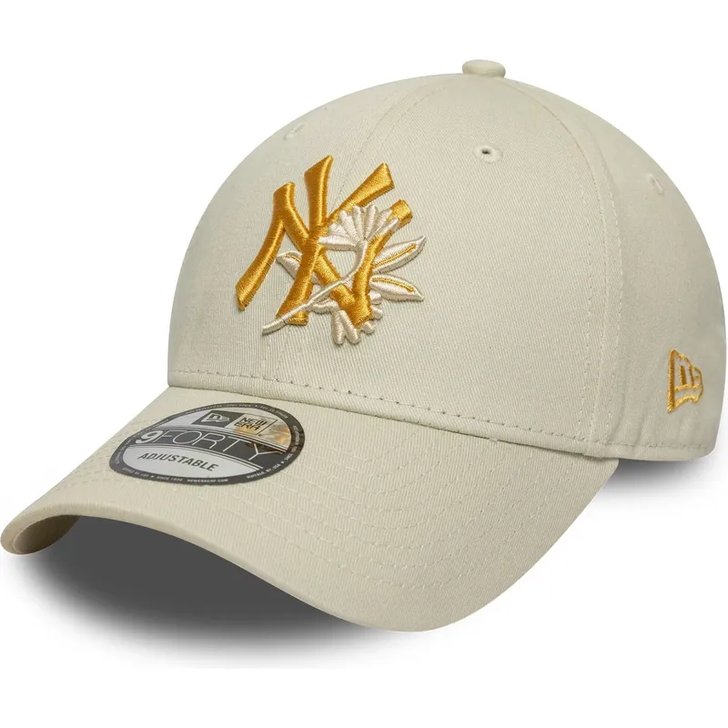 cappellino-curvo-beige-regolabile-con-logo-giallo-9forty-floral-icon-di-new-york-yankees-mlb-di-new-era