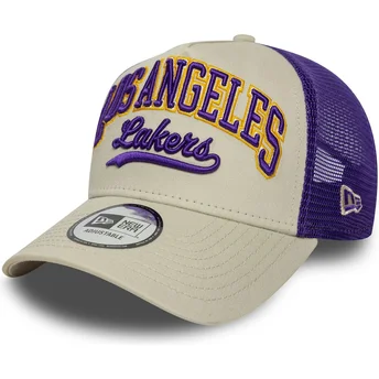 Cappellino trucker beige e viola E Frame Script Los Angeles Lakers NBA di New Era