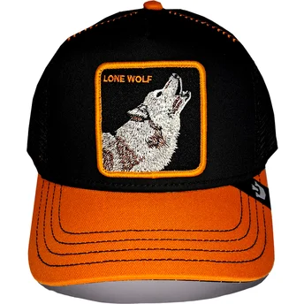 Gorra trucker nera e arancione lupo Solo Wolf Fab Farm di Goorin Bros.