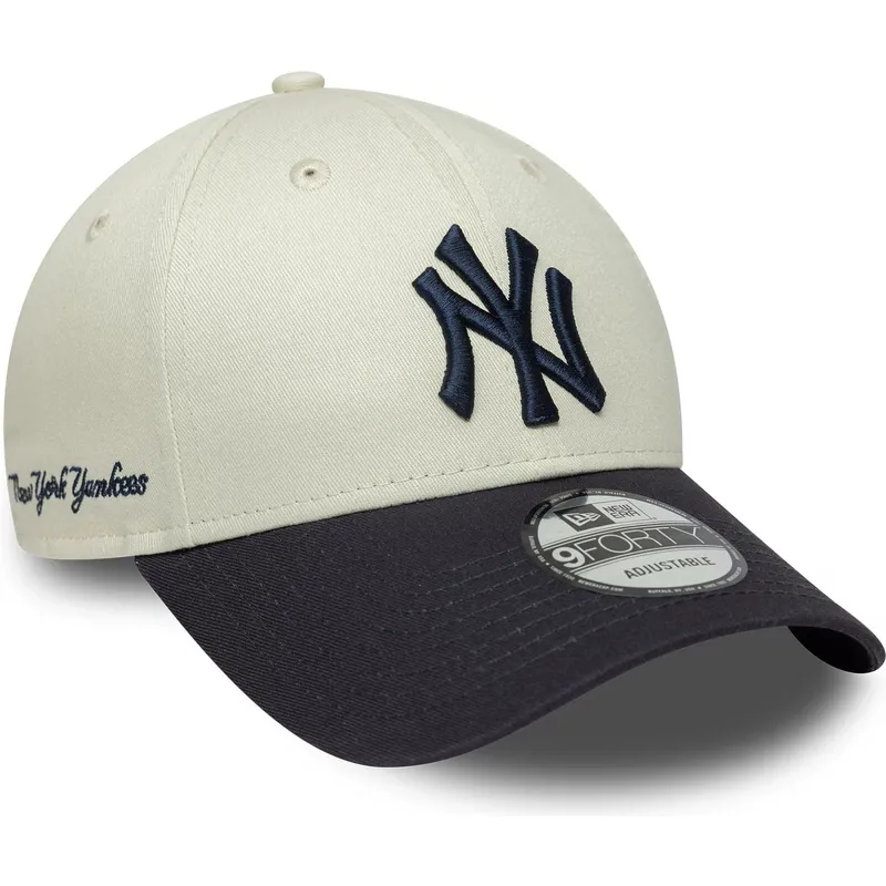 cappellino-curvo-beige-e-blu-marino-regolabile-9forty-side-script-di-new-york-yankees-mlb-di-new-era