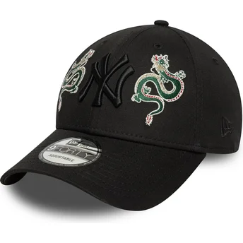 Cappello curvo nero regolabile con logo nero 9FORTY Icon Dragon dei New York Yankees MLB di New Era