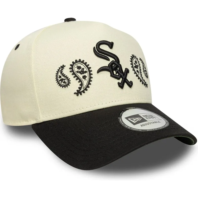 cappellino-visiera-curva-beige-e-nero-snapback-a-frame-paisley-di-chicago-white-sox-mlb-di-new-era