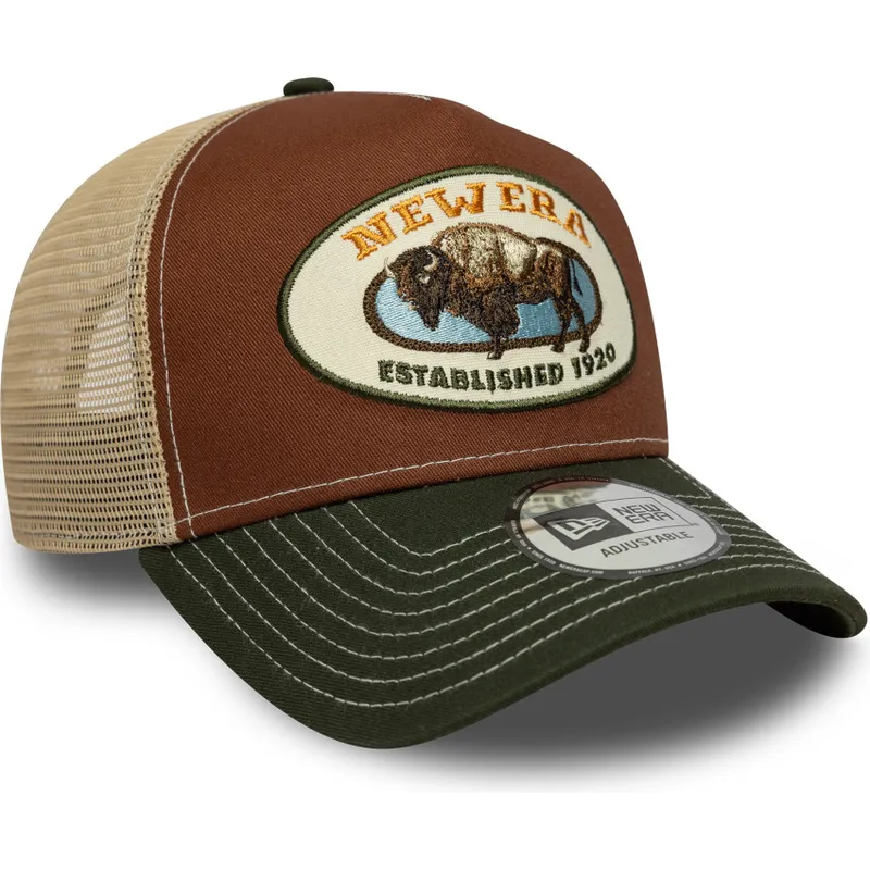 cappellino-trucker-marrone-e-verde-a-frame-animal-patch-di-bufalo-di-new-era