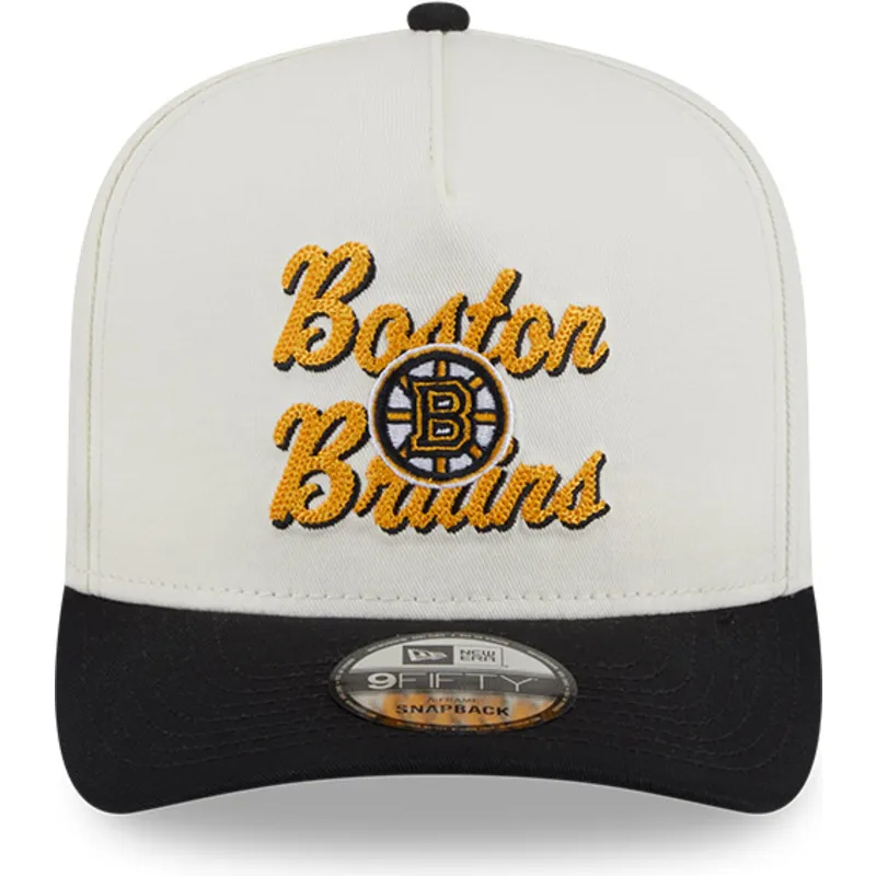 cappellino-visiera-curva-beige-e-nero-snapback-9fifty-a-frame-chainstitch-di-boston-bruins-nhl-di-new-era