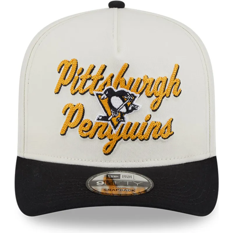 cappellino-visiera-curva-beige-e-nero-snapback-9fifty-a-frame-chainstitch-di-pittsburgh-penguins-nhl-di-new-era
