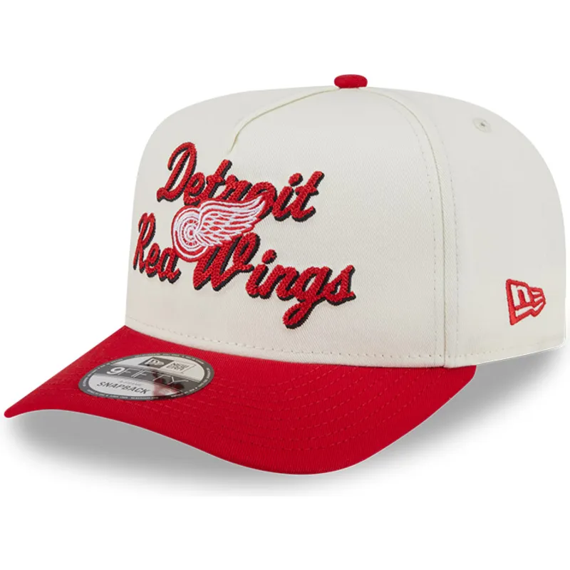 cappellino-visiera-curva-beige-e-rosso-snapback-9fifty-a-frame-chainstitch-di-detroit-red-wings-nhl-di-new-era