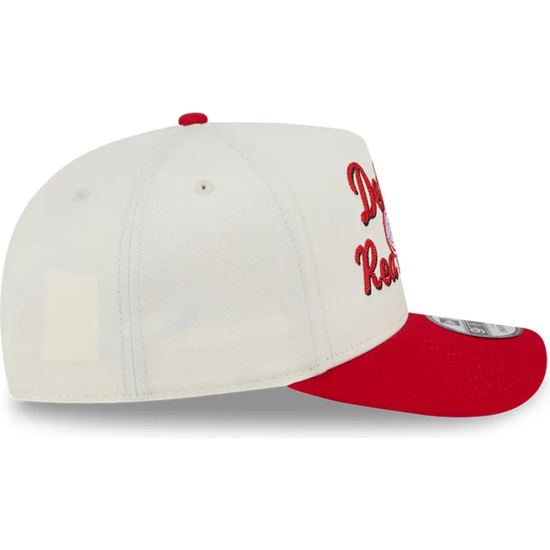 cappellino-visiera-curva-beige-e-rosso-snapback-9fifty-a-frame-chainstitch-di-detroit-red-wings-nhl-di-new-era
