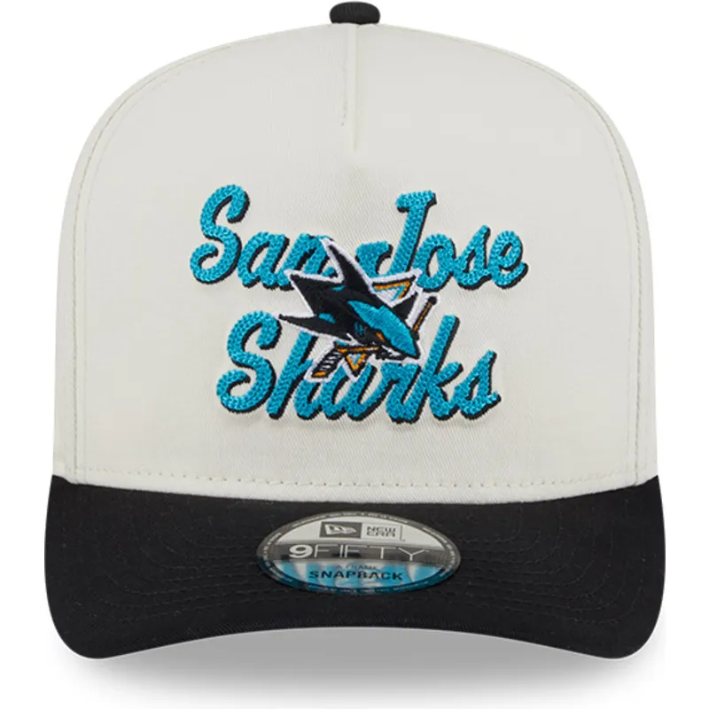 cappellino-visiera-curva-beige-e-nero-snapback-9fifty-a-frame-chainstitch-di-san-jose-sharks-nhl-di-new-era