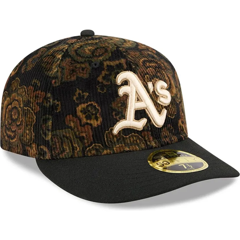 cappellino-curvo-nero-chiuso-59fifty-low-profile-floral-cord-three-looms-printed-corduroy-di-oakland-athletics-mlb-di-new-er