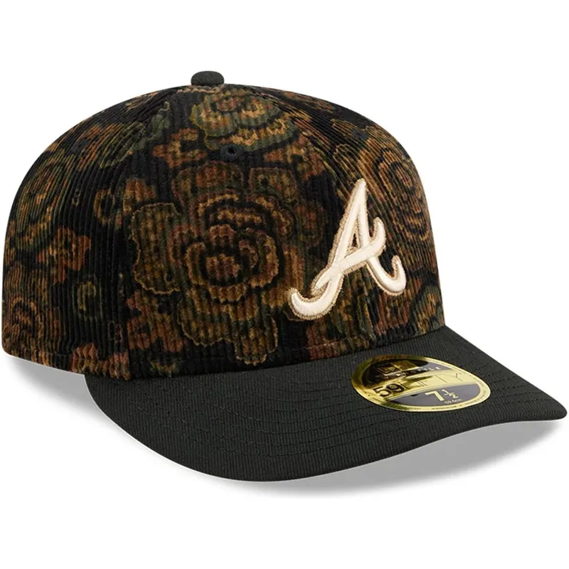 cappellino-curvo-nero-regolabile-59fifty-low-profile-floral-cord-three-looms-printed-corduroy-di-atlanta-braves-mlb-di-new-era