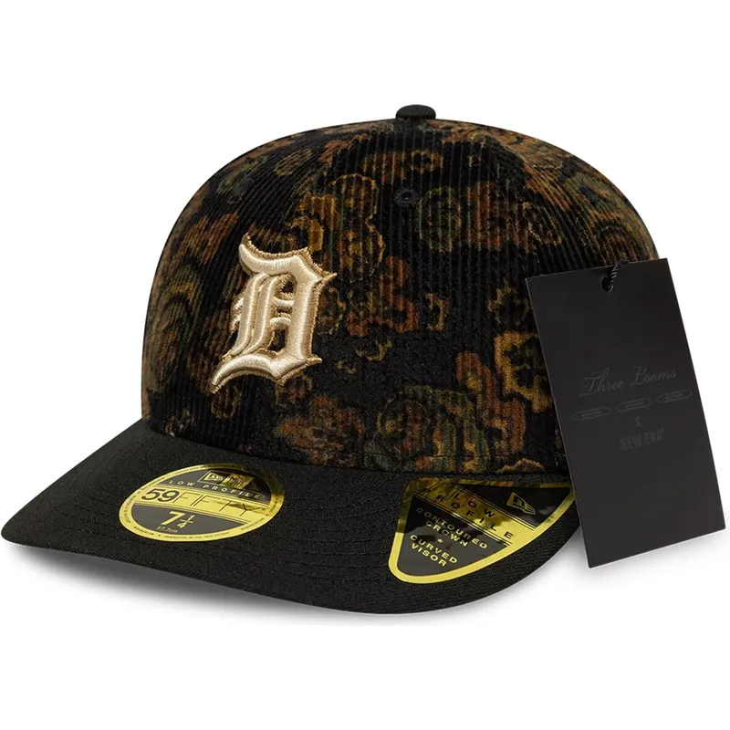 cappellino-curvo-nero-regolabile-59fifty-low-profile-floral-cord-three-looms-printed-corduroy-dei-detroit-tigers-mlb-di-new-era