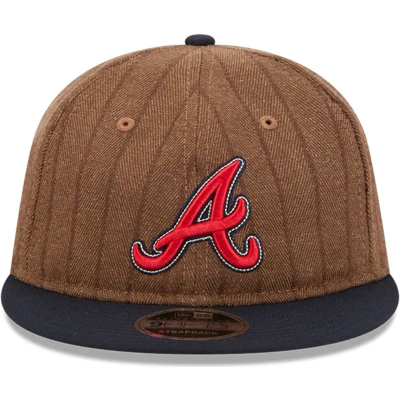 cappello-piatto-marrone-e-blu-navy-regolabile-9fifty-retro-crown-wool-pinstripe-di-atlanta-braves-mlb-di-new-era